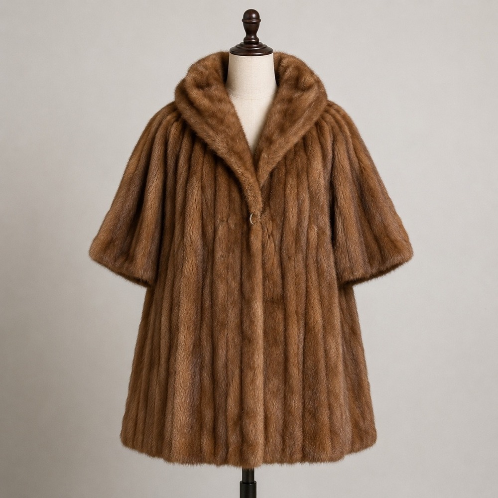 Vintage Real Mink Fur Coat Brown Shawl Collar Mid Length Wide Sleeve Jacket